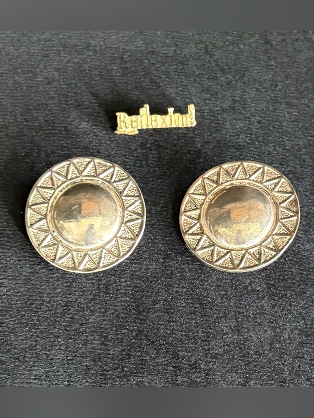 Vintage “Reflexions” Round Silver Metal Unisex Clip-On Earrings - Motif Design